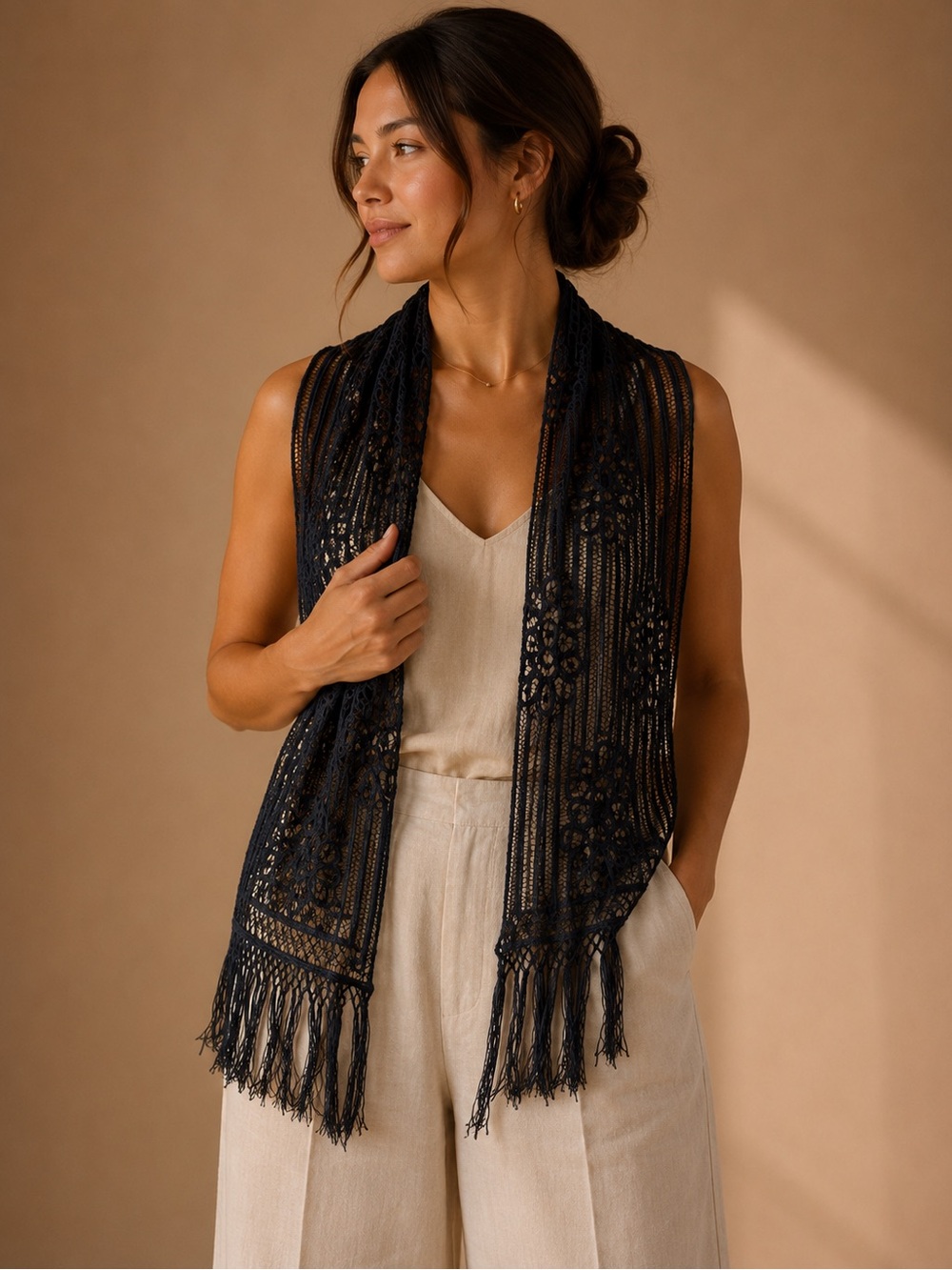 Black Crochet Lace Fringe Scarf Shawl Boho Festival Wrap